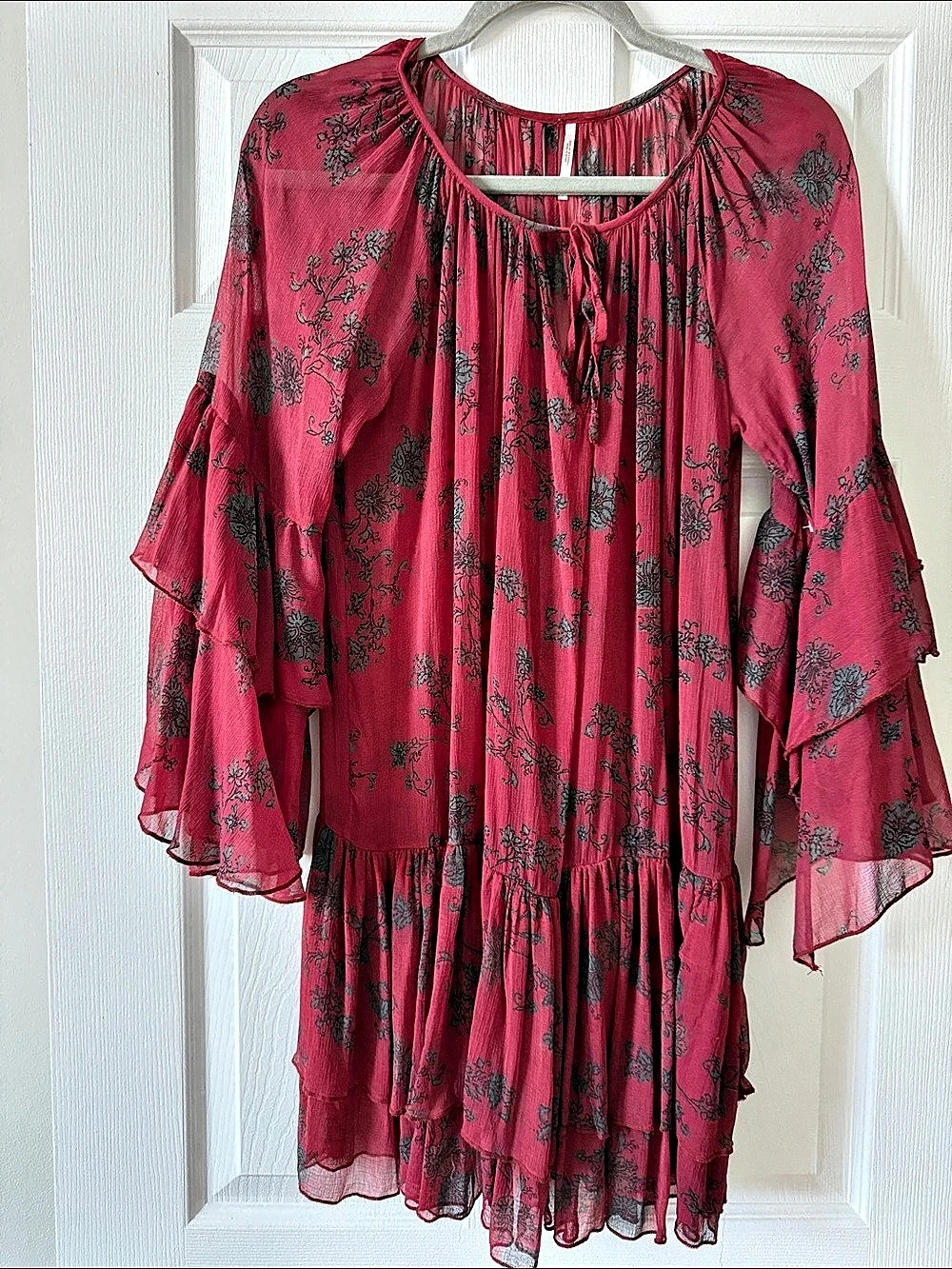 Free People Kristall Mini Dress Floral Ruffle Sleeve Red & Pink